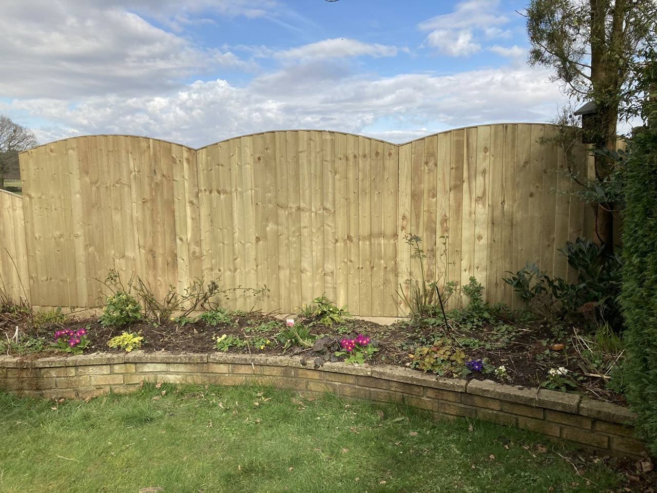 Run of curved-top fence panels behind a raised flower bed